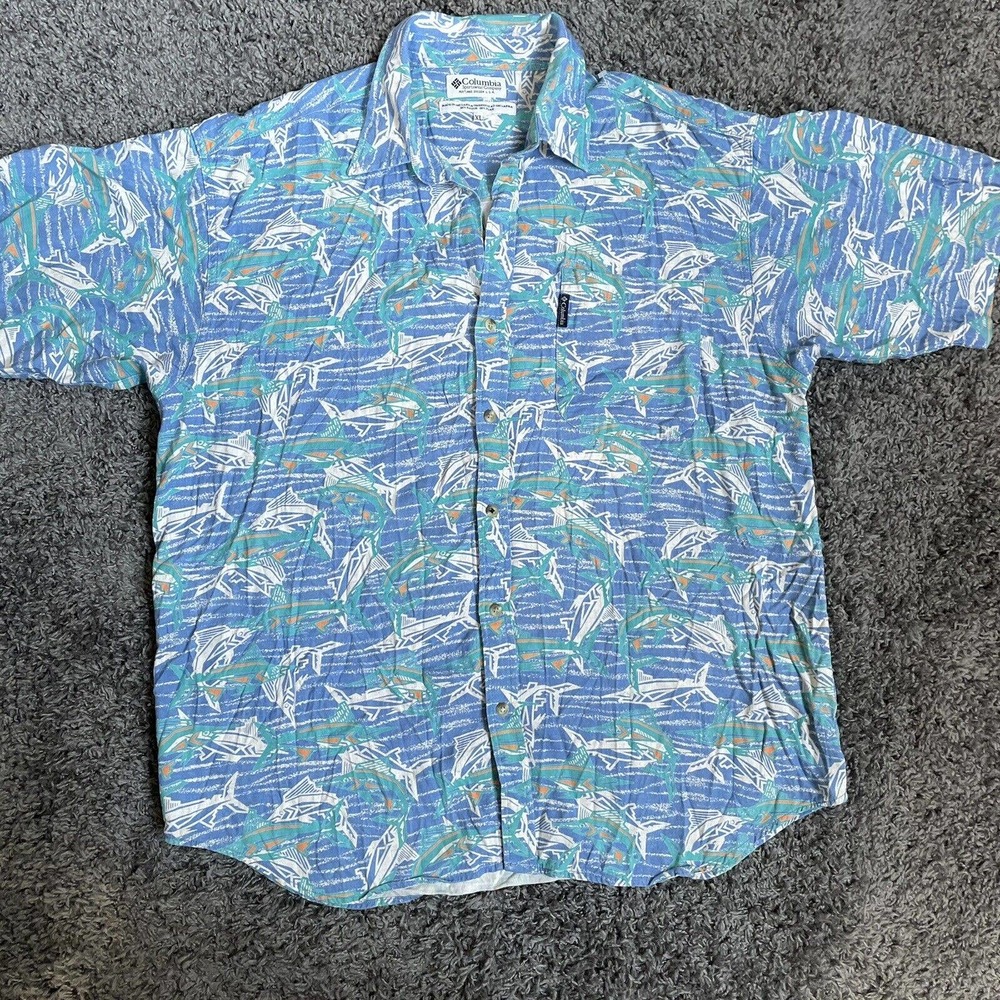 Columbia Mens Shirt‎ XL Blue Marlin Swordfish All Over Print Fishing Vintage 90s